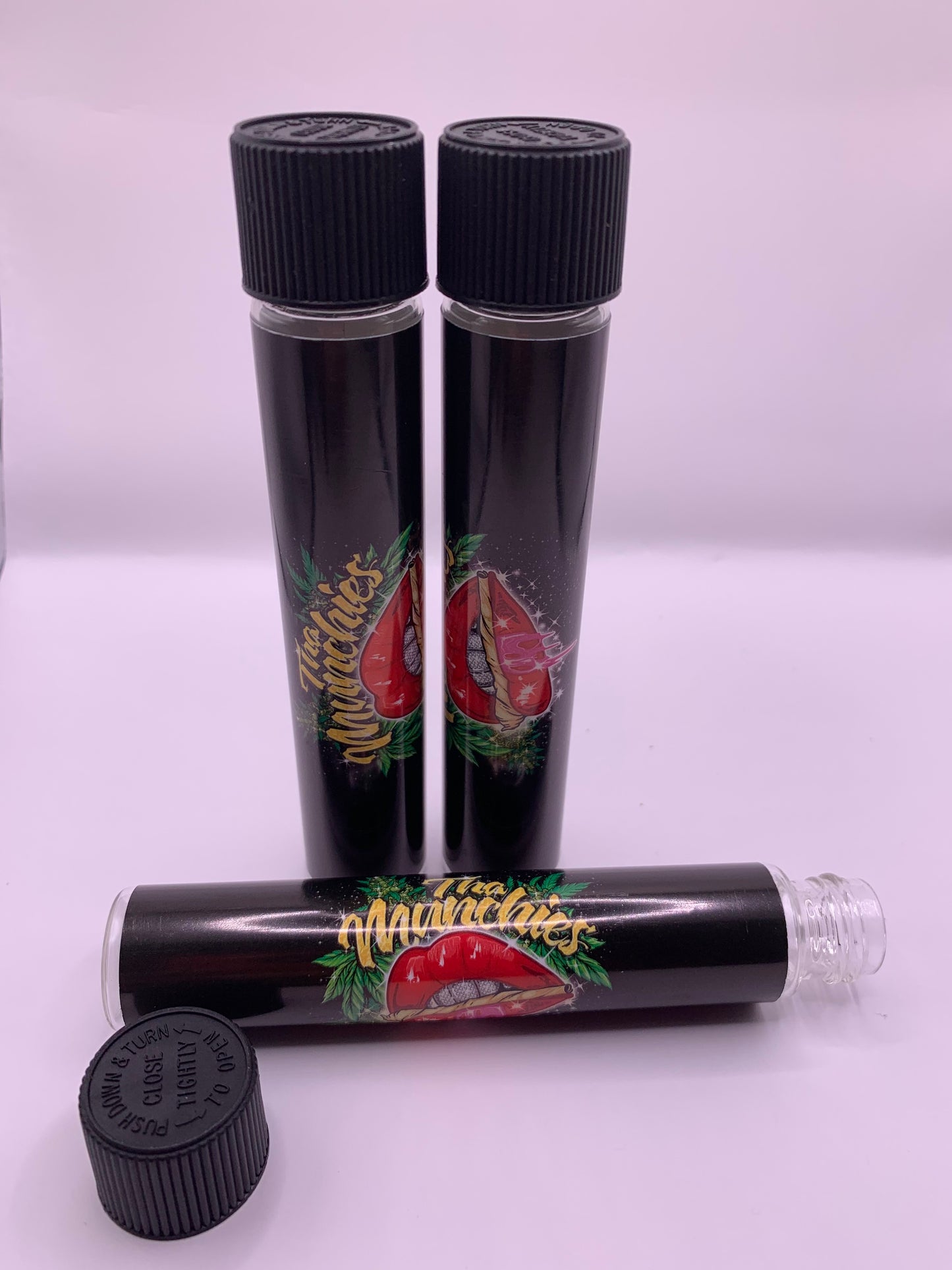 Child-Resistant Glass Pre-Roll Tube with Tha Munchies Custom Design
