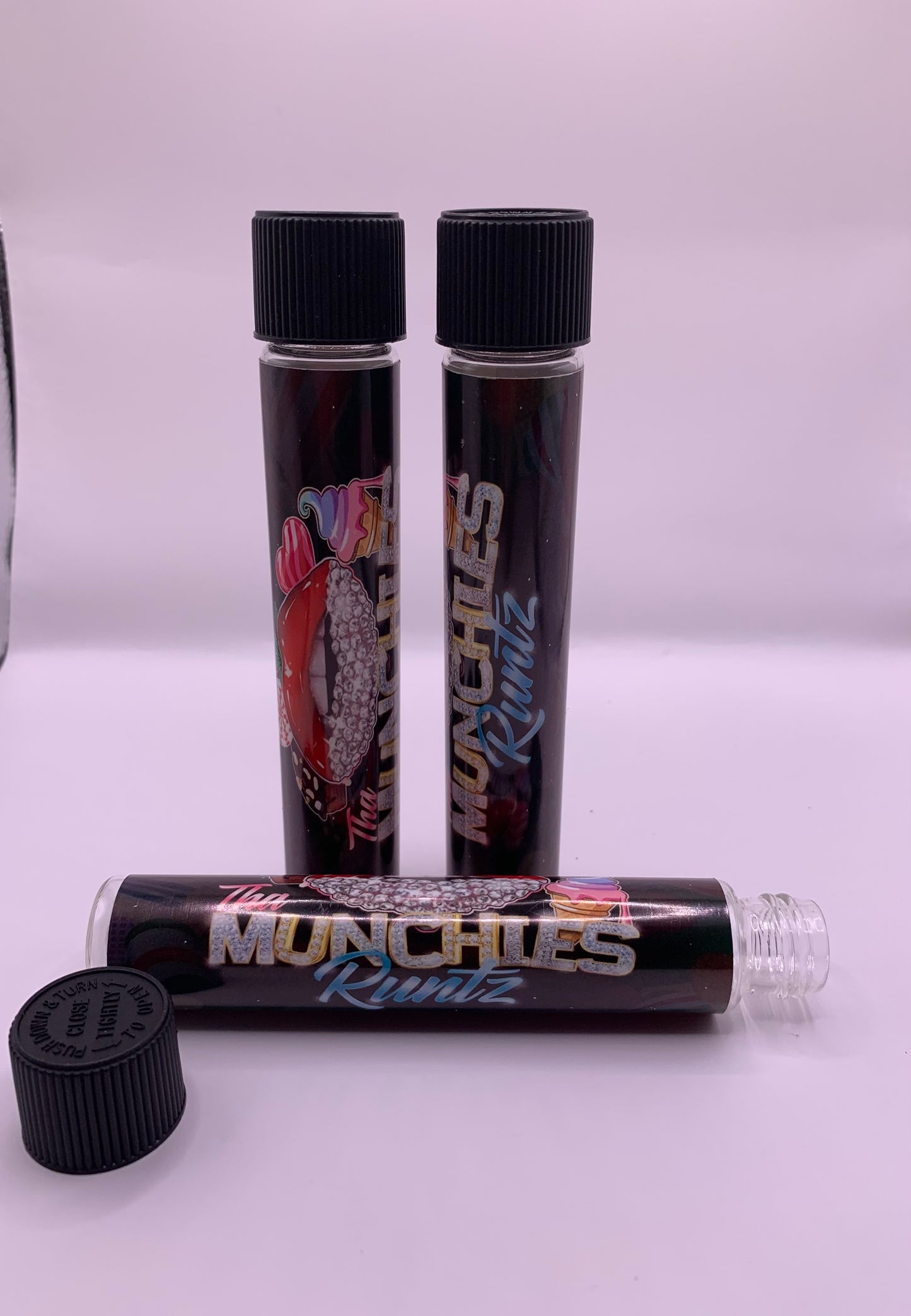 Child-Resistant Glass Pre-Roll Tube with Tha Munchies Runtz Strain Custom Design