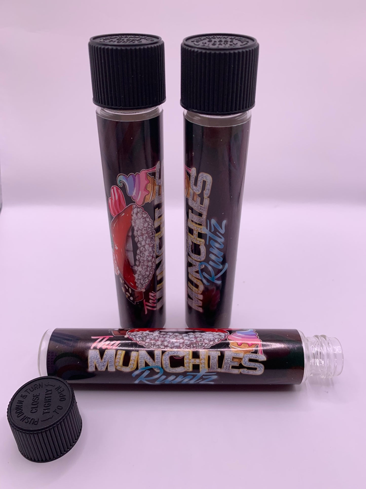 Child-Resistant Glass Pre-Roll Tube with Tha Munchies Runtz Strain Custom Design