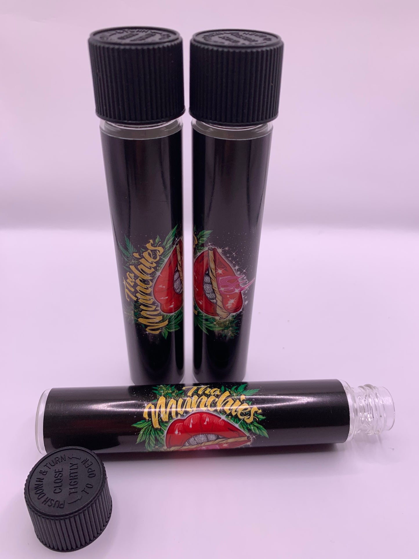 Child-Resistant Glass Pre-Roll Tube with Tha Munchies Custom Design