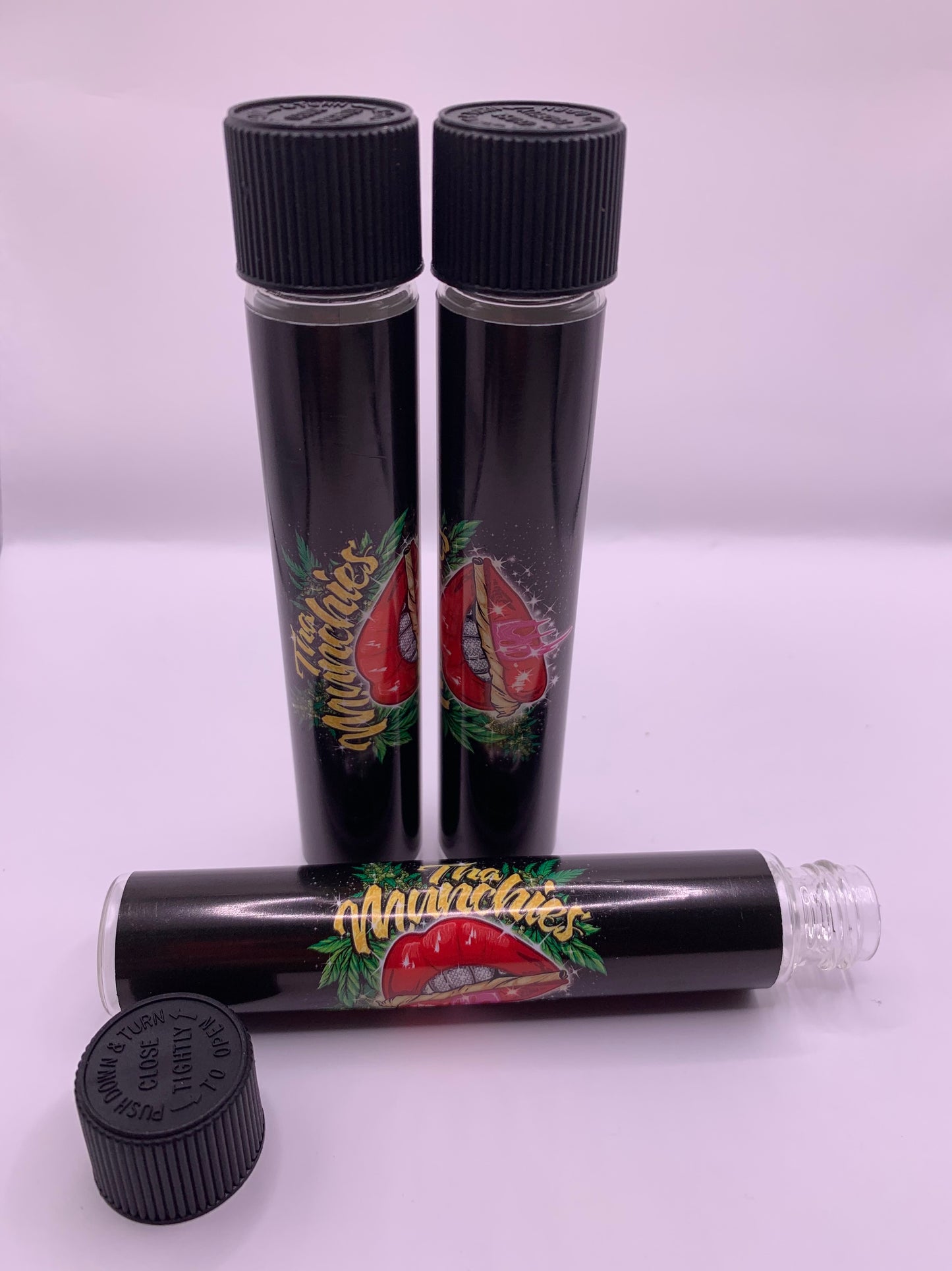 Child-Resistant Glass Pre-Roll Tube with Tha Munchies Custom Design