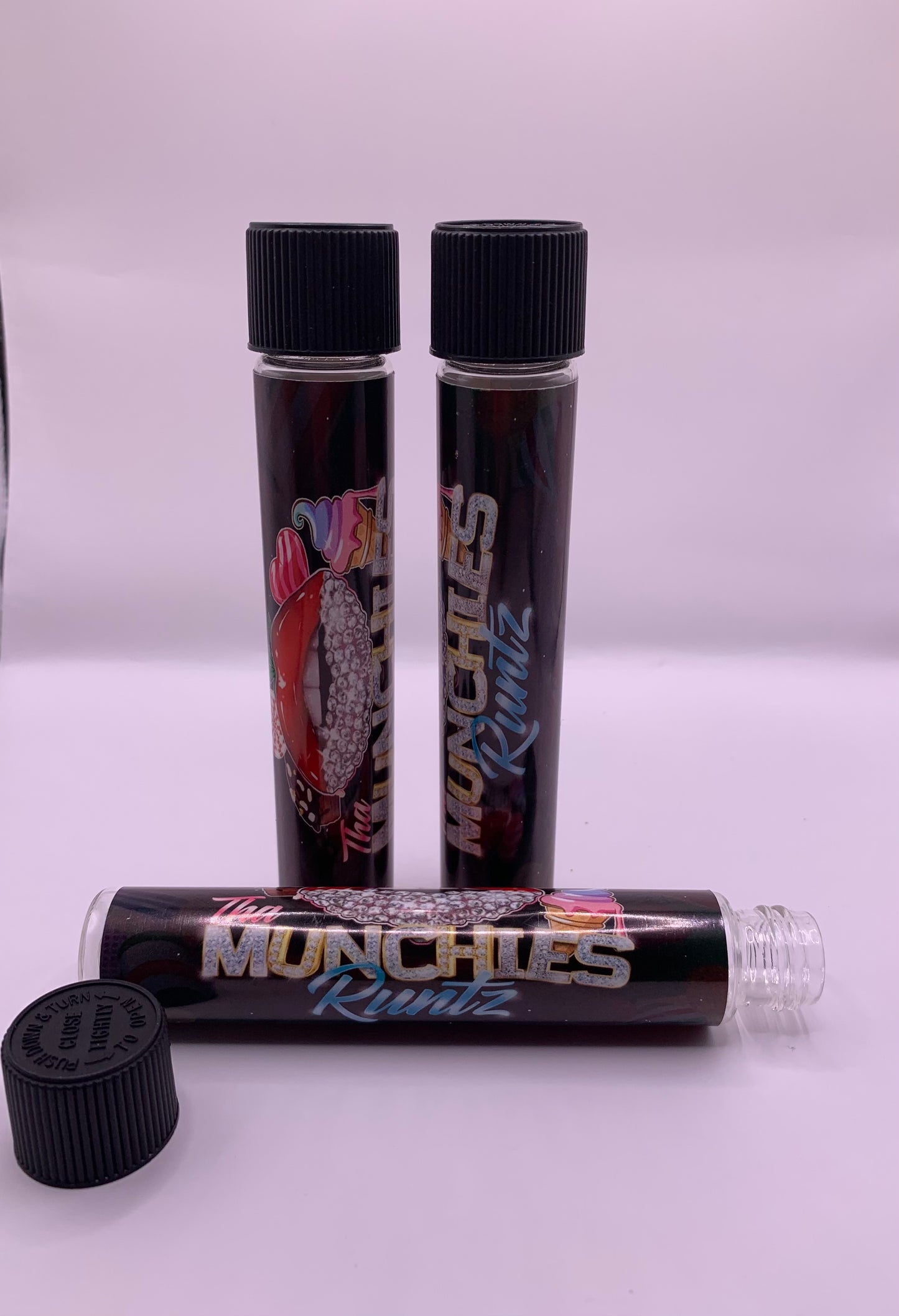 Child-Resistant Glass Pre-Roll Tube with Tha Munchies Runtz Strain Custom Design