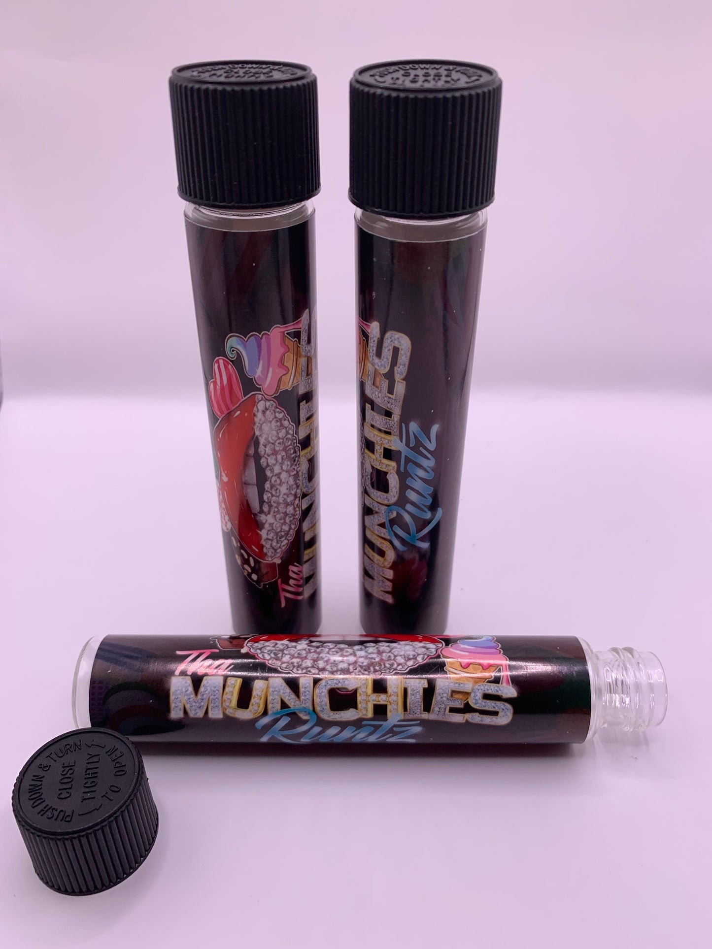 Child-Resistant Glass Pre-Roll Tube with Tha Munchies Runtz Strain Custom Design